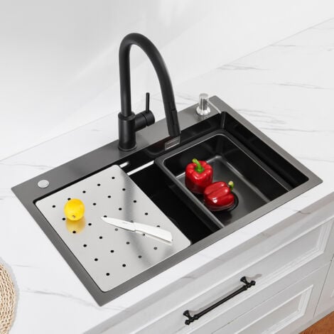 Cecipa Lavello da Cucina Nero 1 Vasca 70×45×21,5 cm + Gocciolatoio + Vaschetta + Dispenser Sapone, Lavello da Cucina Nero Lavello da Cucina 1 Vasca Grande Capacità