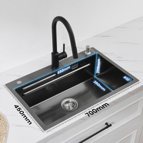 Cecipa Lavello da Cucina Nero 1 Vasca 70×45×21,5 cm + Gocciolatoio + Vaschetta + Dispenser Sapone, Lavello da Cucina Nero Lavello da Cucina 1 Vasca Grande Capacità