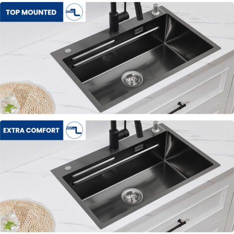 Cecipa Lavello da Cucina Nero 1 Vasca 70×45×21,5 cm + Gocciolatoio + Vaschetta + Dispenser Sapone, Lavello da Cucina Nero Lavello da Cucina 1 Vasca Grande Capacità