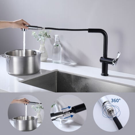 CECIPA Rubinetto Cucina Estraibile, Colore Misto(Nero + Galvanico), Rubinetto per Lavello da Cucina con 2 Modalità di Uscita Dell'acqua, Rubinetto da Cucina Girevole a 360°