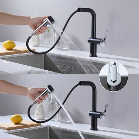 CECIPA Rubinetto Cucina Estraibile, Colore Misto(Nero + Galvanico), Rubinetto per Lavello da Cucina con 2 Modalità di Uscita Dell'acqua, Rubinetto da Cucina Girevole a 360°