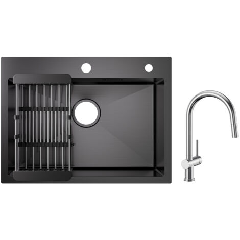 Lavello Cucina In Acciaio Inox 60x45 Cm, 1 Vasca - Per Mobile Da 60 Cm, Con Sifone, Cestello E Rivestimento Nano Antiaderente