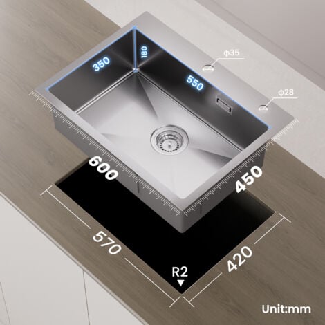 Cecipa Lavello da cucina 1 vasca 60×45×18 cm Lavello da cucina in acciaio inox 304 spazzolato con cestello di scarico