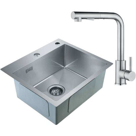CECIPA Lavelli da Cucina Trafilatura in Acciaio Inox 50 x 45 x 18.5 cm, Senza distributore di sapone + Rubinetto da Cucina Tirabile in Acciaio Inossidabile