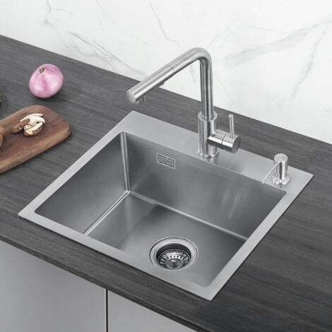 CECIPA Lavelli da Cucina Trafilatura in Acciaio Inox 50 x 45 x 18.5 cm, Senza distributore di sapone + Rubinetto da Cucina Tirabile in Acciaio Inossidabile