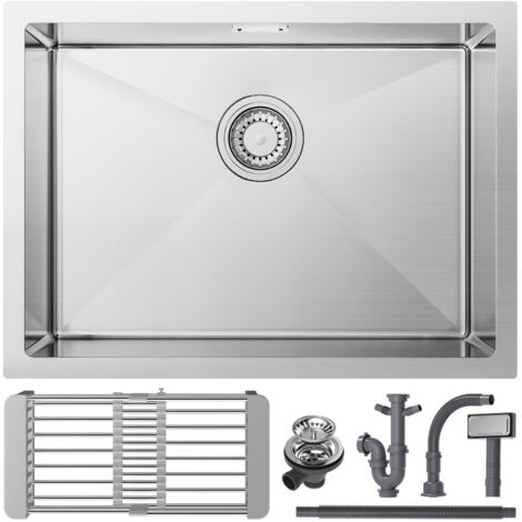 Lavello da cucina a 1 vasca 60×44×18 cm - Lavello a 1 vasca con cestello di scarico - Lavello da cucina in acciaio inox spazzolato di grande capacità