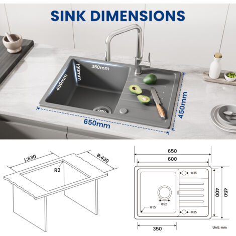CECIPA Lavello cucina con gocciolatoio - Grigio 65 x 45 cm Lavello da incasso in quarzo e resina - Lavello 1 vasca con ripiano