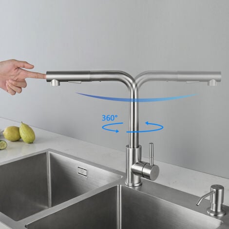 CECIPA 360 Grado Estraibile Rubinetti Cucina con Doccetta, Rubinetto per Cucina, 2 Funzioni Miscelatore Cucina, Miscelatore Monocomando per Cucina Acciaio inossidabile spazzolato