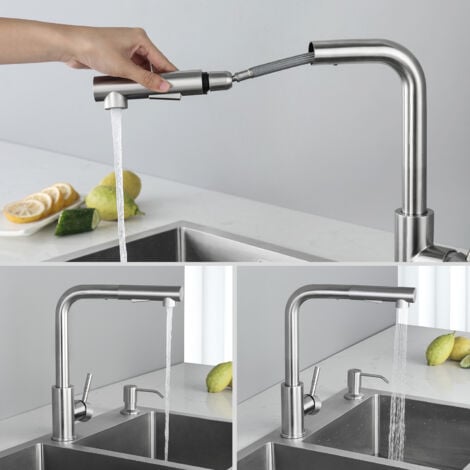 CECIPA 360 Grado Estraibile Rubinetti Cucina con Doccetta, Rubinetto per Cucina, 2 Funzioni Miscelatore Cucina, Miscelatore Monocomando per Cucina Acciaio inossidabile spazzolato