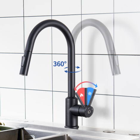 Cecipa Rubinetto cucina nero estraibile con 2 funzioni, miscelatore per lavello da cucina girevole a 360° in acciaio inox, miscelatore per lavello acqua calda e fredda disponibile