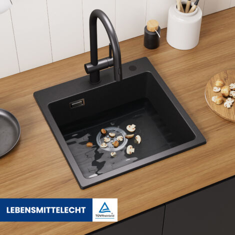 Cecipa Lavello 1 Vasca in Quarzo e Resina 45x45cm - Lavello Cucina Lavello da Incasso 1 Vasca - Nero