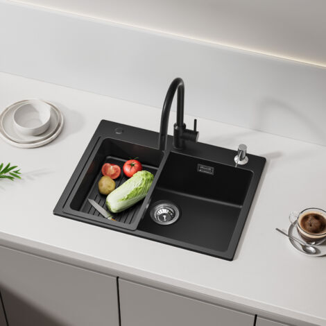 Cecipa Lavello 1 Vasca 60x45 cm con Cestello di Scarico e Dispenser per Sapone - Lavello in Quarzo e Resina - Lavello Cucina Nero