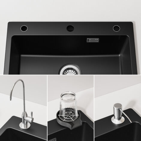 Cecipa Lavello 1 Vasca 60x45 cm con Cestello di Scarico e Dispenser per Sapone - Lavello in Quarzo e Resina - Lavello Cucina Nero