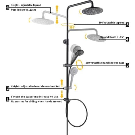 CECIPA Set Doccia Nero Sistema Doccia Senza Rubinetteria, Colonna Doccia a Pioggia con Soffione Tondo da 22 cm e Doccetta con Soffione a 3 Modalità, Regolabile in Altezza