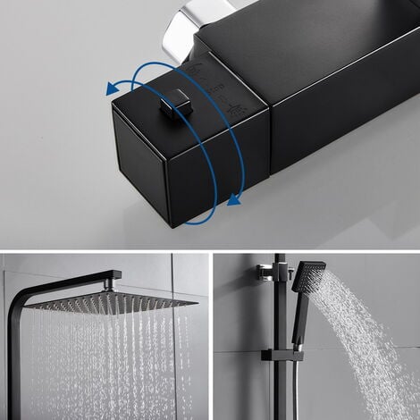 Colonna Doccia con Miscelatore Termostatico Nero Inox con 25x25cm Soffione Grande Miscelatore e Doccetta Sistema Doccia Antiscottatura Ottone