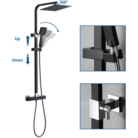 Colonna Doccia con Miscelatore Termostatico Nero Inox con 25x25cm Soffione Grande Miscelatore e Doccetta Sistema Doccia Antiscottatura Ottone