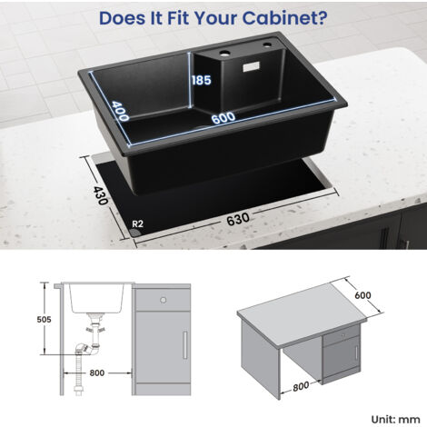 Lavello Da Cucina In Granito Nero CHICHI, 1 Vasca, 48x38 - Foto 8