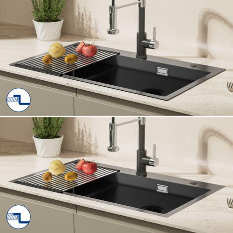 Lavello da Cucina 1 Vasca 75 x 45 cm Lavello Incasso Vasca Singola in Acciaio Inox con Scolapiatti avvolgibile e Sifone, grigio scuro