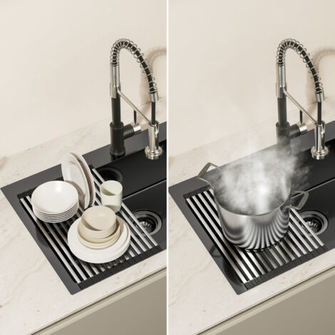 Lavello da Cucina 1 Vasca 75 x 45 cm Lavello Incasso Vasca Singola in Acciaio Inox con Scolapiatti avvolgibile e Sifone, grigio scuro