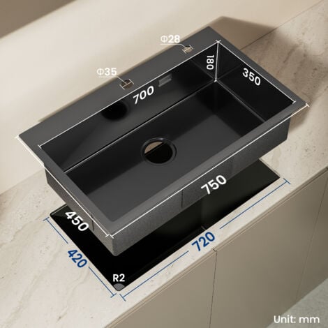 Auralum 50x43cm Lavello Cucina Incasso Inox Con Gocciolatoio e Sifone  Lavelli Da Cucina 1 Vasca Nero (Lavastoviglie Collegabile)