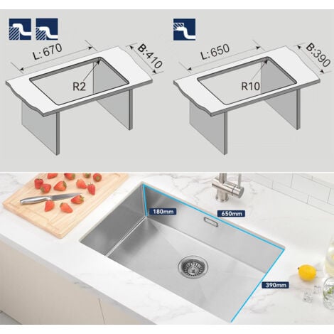 Auralum Lavello Cucina 1 Vasca 70 x 44 cm Lavandino Lavello Incasso in Acciaio Inox con Troppopieno e Sifone, Senza Piombo, Protezione Ambientale