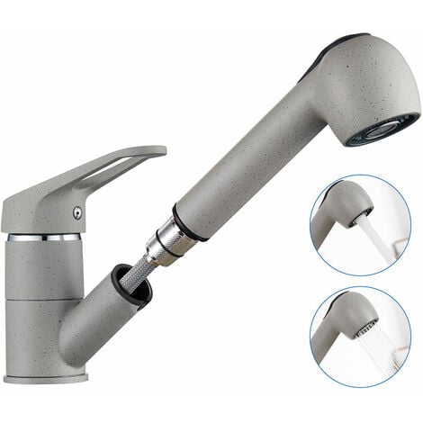 Rubinetto Lavello da Cucina, Auralum Rubinetto da Cucina Miscelatore con Doccetta Estraibile fino 70cm, Girevole a 360°, con 2 Modalità, Grigio Granito