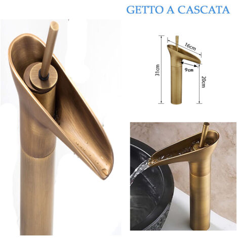 RUBINETTO MISCELATORE VINTAGE BAGNO CANNA ALTA BECCO CASCATA OTTONE T2020