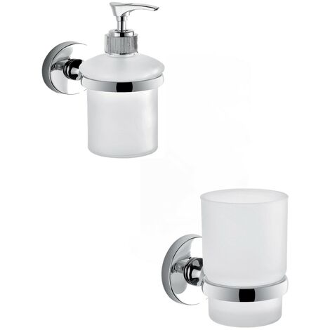 Set Accessori Bagno - Portaspazzolini E Portasapone In Acciaio E Vetro Satinato, Doppio Fissaggio (Viti E Biadesivo) - Foto 12