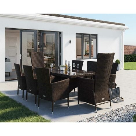 Cambridge 2 Reclining + 6 Non-Reclining Rattan Garden Chairs and Rectangular Dining Table Set in Chocolate and Cream