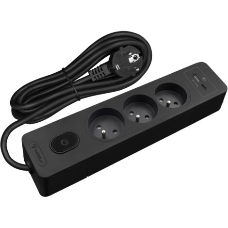 Multiprise SELDUR G3FU22S, 3 prises type E + interrupteur, USB A+C charge standard 12W, Noir, câble 2m