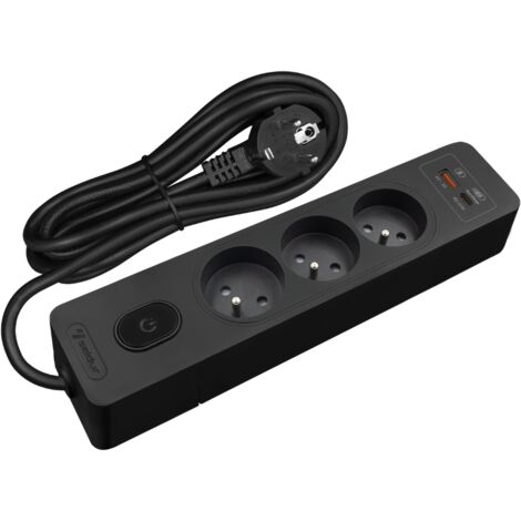 Multiprise SELDUR G3FH32S, 3 prises type E + interrupteur, USB A+C charge rapide 20W, Noir, câble 3m (1/3)