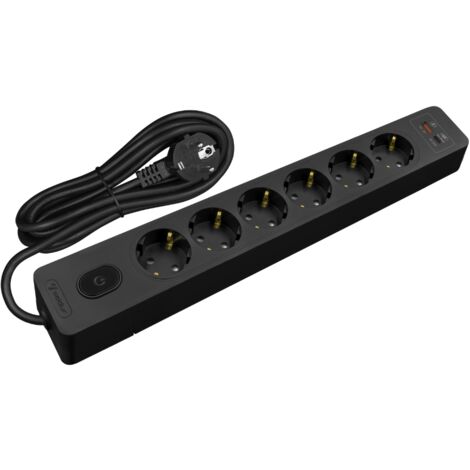 Multiprise SELDUR G6TH52S, 6 prises type F + interrupteur, USB A+C charge rapide 20W, Noir, câble 5m