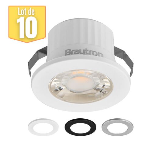 Lot de 10 mini spots LED ronds 3W 6500K – 3 couleurs – IP54 pour pièces humides – Installation rapide avec ressorts de fixation – Braytron (1/5)