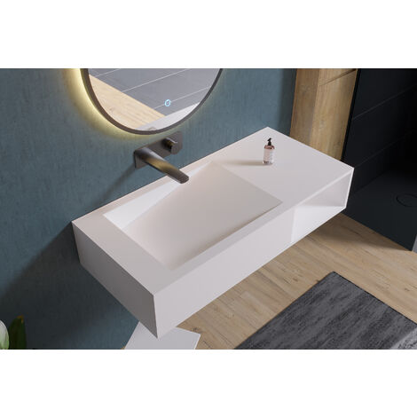 Wandwaschbecken Bernstein PB2088 Mineralguss 100x46x20cm Weiß matt mit Ablagefach und Ablaufrinne