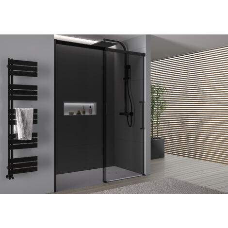 Nischendusche mit Schiebetür Soft-Close Bernstein DX906 FLEX 140 cm Schwarz matt 8 mm Nano Graues Glas