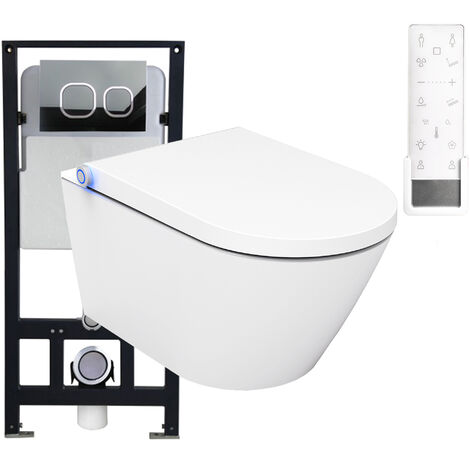 WC-Komplettpaket 16 Bernstein Dusch-WC Pro+ 1102 Weiß glänzend mit Vorwandelement G3004A und Betätigungsplatte Modell 4112 weiß matt