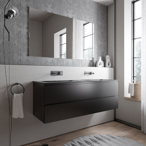 Unterschrank Bernstein AVA 140 cm mit Mineralguss Waschbecken BRUXELLES - Badmöbelfarbe Schwarz matt, Waschbecken Schwarz matt ohne Hahnloch