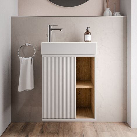 Waschtischunterschrank BELDIVO 50 cm mit Waschbecken - Türanschlag links, Weiß matt