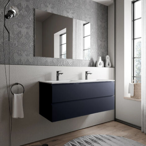 Unterschrank Bernstein AVA 120cm Badmöbel: Mitternachtsblau, Mineralguss Waschbecken CREAM Weiß matt mit Hahnloch