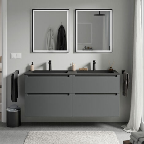 Unterschrank Bernstein VIREO 120 cm mit Mineralguss Waschbecken BRUXELLES - Korpus Anthrazit matt, Waschbecken Schwarz matt mit Hahnloch
