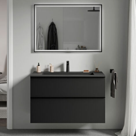 Waschtischunterschrank Bernstein LAVOA 80cm mit Mineralguss Waschbecken BRUXELLES Badmöbel: Schwarz matt, Waschbecken: Schwarz matt mit Hahnloch, Metallgriff: Chrom