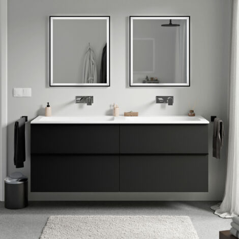 Badmöbel Unterschrank Bernstein LAVOA 160cm mit Mineralguss Waschbecken CREAM Badmöbel: Schwarz matt, Metallgriff: Chrom, Waschbecken: Weiß matt ohne Hahnloch