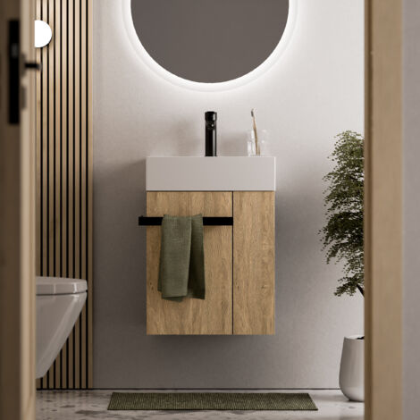 Waschtischunterschrank Gäste-WC Bernstein COMPACT 450 mit Waschbecken 45 cm Regal rechts Badmöbel: Eiche Honiggold, Metallgriff: Schwarz matt