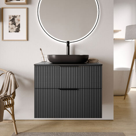 Waschtischunterschrank Bernstein TIM 80 cm für Aufsatzwaschbecken Badmöbel: Schwarz matt profiliert, Metallgriff: Chrom, Waschtischplatte: Schwarz matt