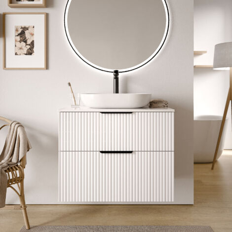 Waschtischunterschrank Bernstein TIM 80 cm für Aufsatzwaschbecken Badmöbel: Weiß matt profiliert, Metallgriff: Schwarz matt, Waschtischplatte: Weiß glänzend