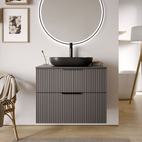 Waschtischunterschrank Bernstein TIM 80 cm für Aufsatzwaschbecken Badmöbel: Anthrazit matt profiliert, Metallgriff: Schwarz matt, Waschtischplatte: Schwarz matt