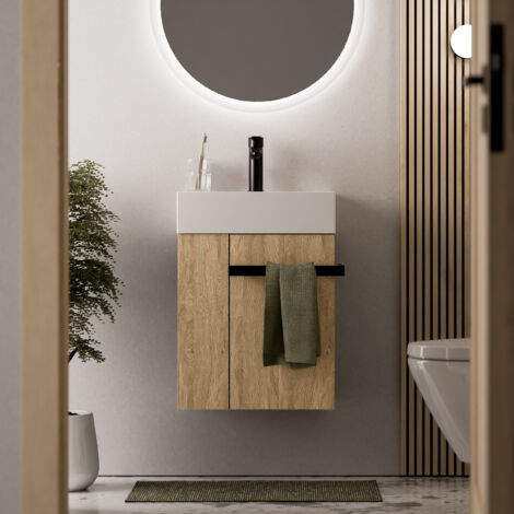 Waschtischunterschrank Gäste-WC Bernstein COMPACT 450 mit Waschbecken 45 cm Regal links Badmöbel: Eiche Honiggold, Metallgriff: Schwarz matt