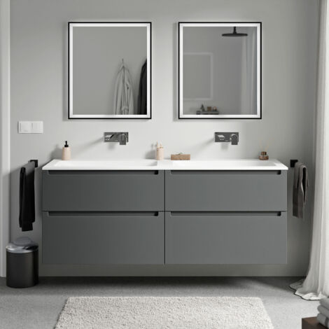 Unterschrank Bernstein VIREO 160cm mit Mineralguss Waschbecken CREAM Badmöbel: Anthrazit matt, Waschbecken: Weiß matt ohne Hahnloch