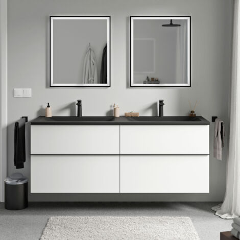 Badmöbel Unterschrank Bernstein LAVOA 160cm mit Mineralguss Waschbecken CREAM Badmöbel: Weiß matt, Metallgriff: Chrom, Waschbecken: Schwarz matt mit Hahnloch