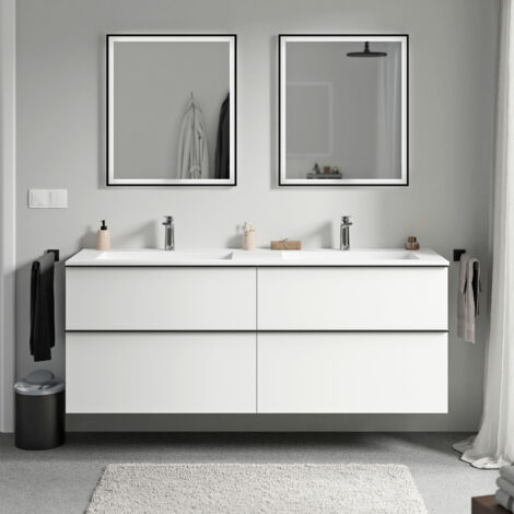 Waschtischunterschrank Bernstein LAVOA 160cm mit Mineralguss Waschbecken BRUXELLES Badmöbel: Weiß matt, Waschbecken: Weiß matt mit Hahnloch, Metallgriff: Chrom